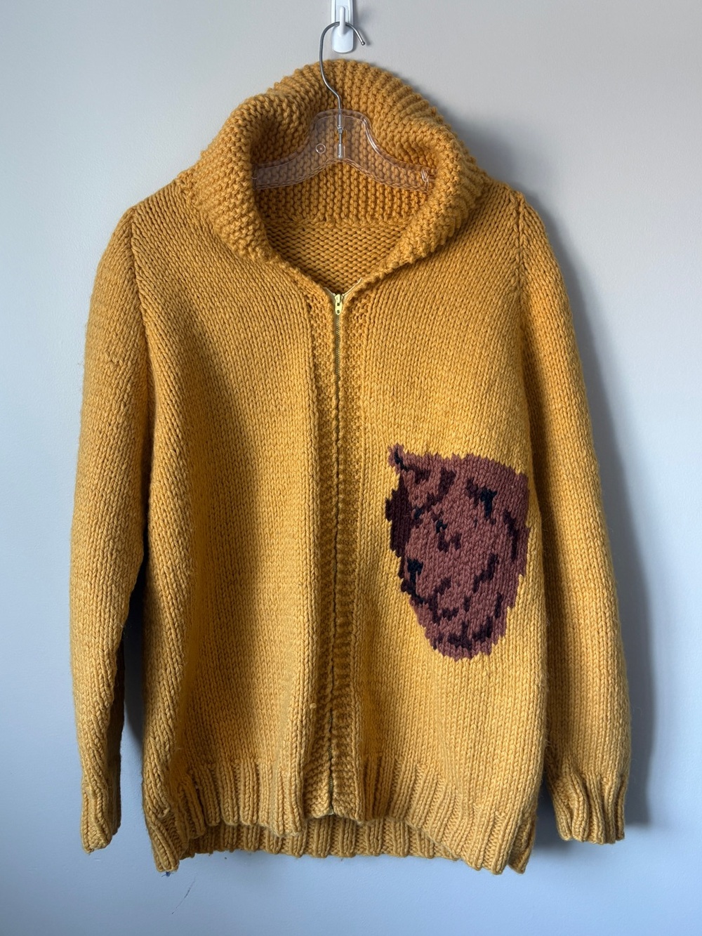 Vintage Handmade Cowichan-Style Wool Grizzly Bear Zip-Up Cardigan Sweater